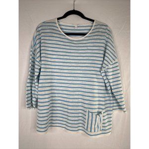 J Jill Top Blouse Womens Size M Blue White Striped 3/4 Sleeve Linen Blend